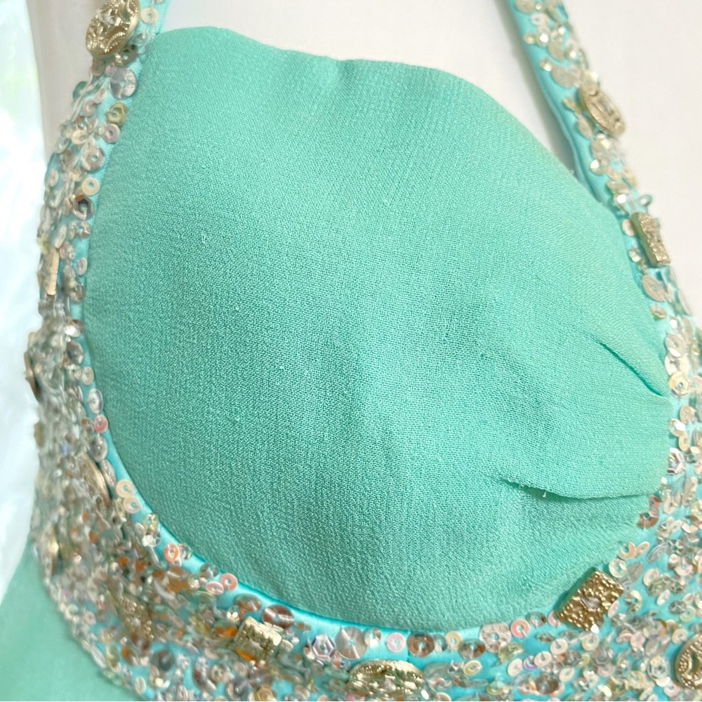 Vintage Mandalay green teal silver sequin beaded sleeveless v-neck silk dress - Picture 5 of 13